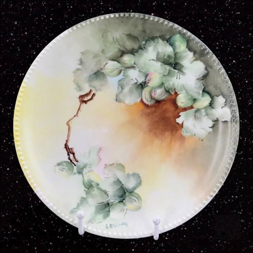 J P L France Limoges Hand Painted Plate Dish Beaded Edges JPL Signed E Carlson‎